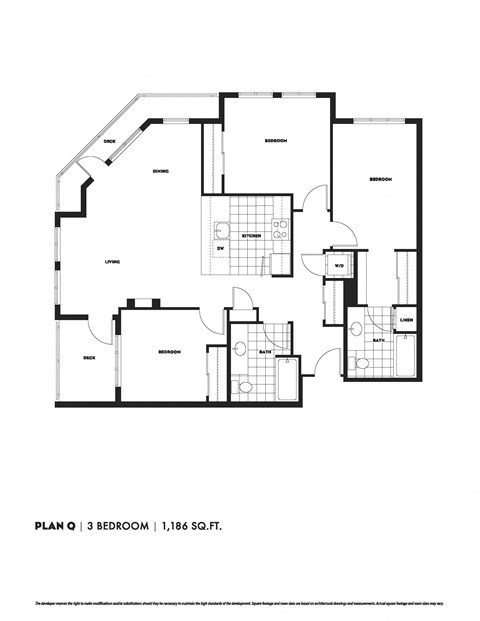 Floor plan for 3 beds, 2 baths, 1264 sqft